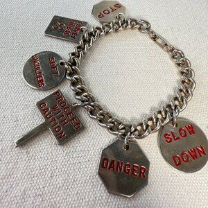 Vintage Road Sign Charm Bracelet With STOP Danger & Slow Down Charms Silver Tone